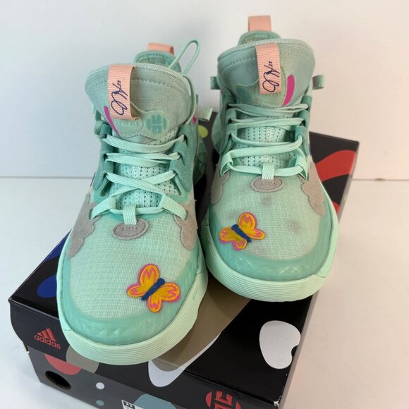 Adidas Harden Vol. 5 J Mint Green Kids Sneakers Size 4.5 Flowers Butterflies - Picture 2 of 11